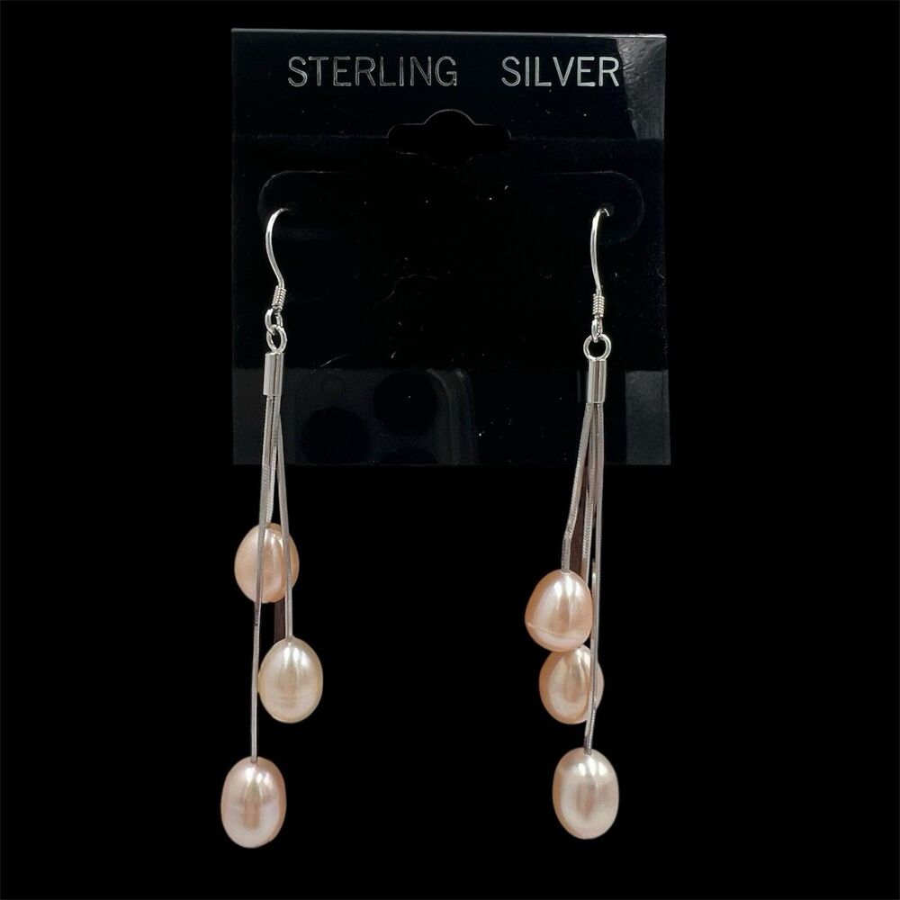 925 Sterling Silver Real Pearl Earrings Dangle Triple Natural Freshwater Peach